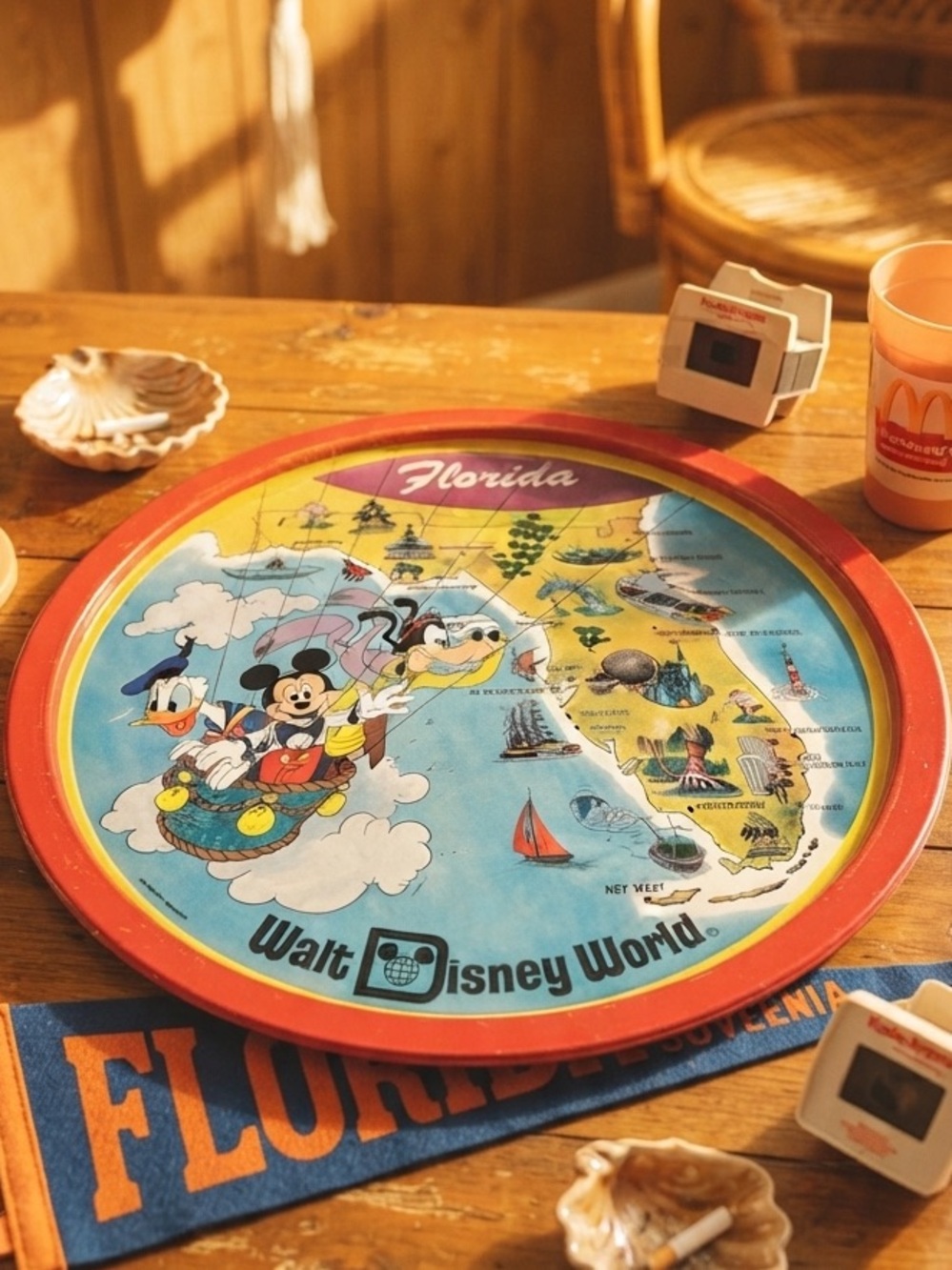 Vintage Walt Disney World Florida Map Tin Tray Mickey Donald Goofy 1980s